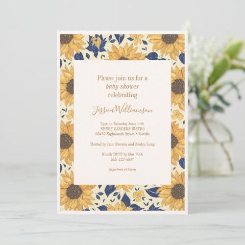 Rustic Sunflower Floral Yellow Blue Baby Shower Invitation