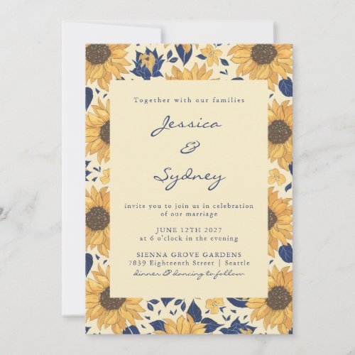 Rustic Sunflower Floral Yellow Blue Script Wedding Invitation
