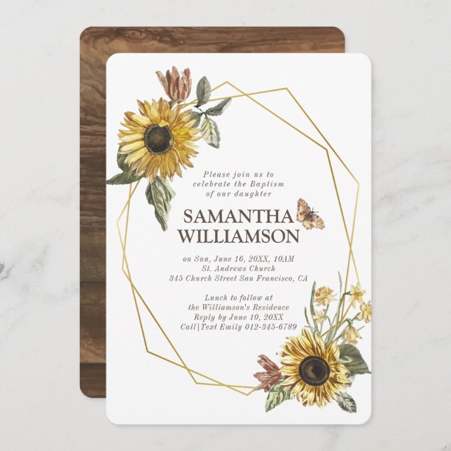 Rustic Sunflower Florals Baptism Invitation (Front/Back)