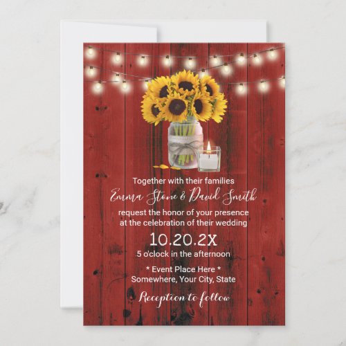 Rustic Sunflower Flower Jar Red Barn Wood Wedding Invitation