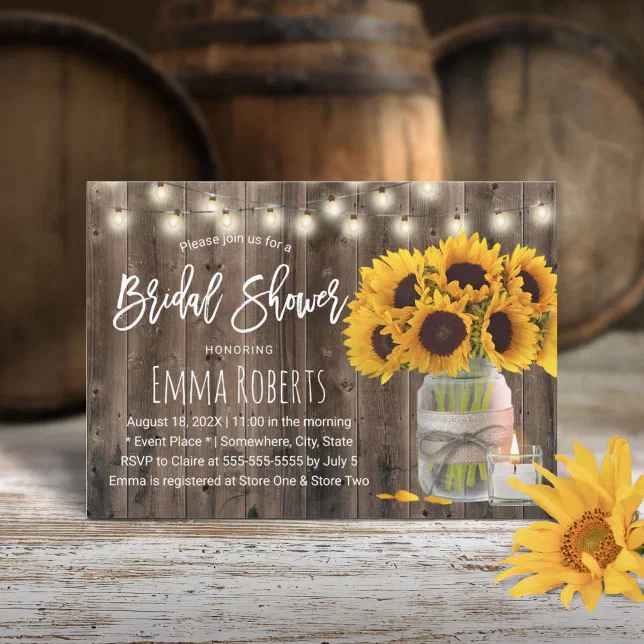 Rustic Sunflower Flower Mason Jar Bridal Shower Invitation | Zazzle