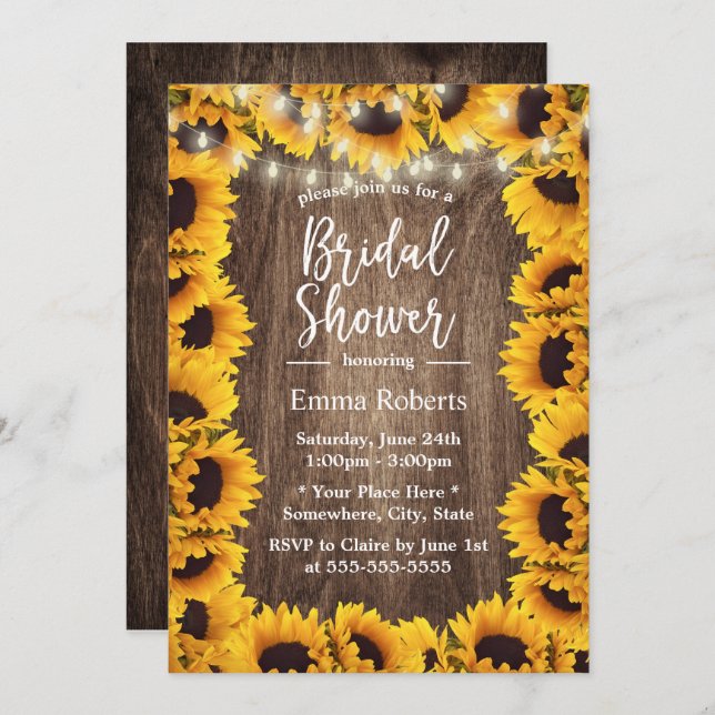 Rustic Sunflower Frame String Lights Bridal Shower Invitation (Front/Back)