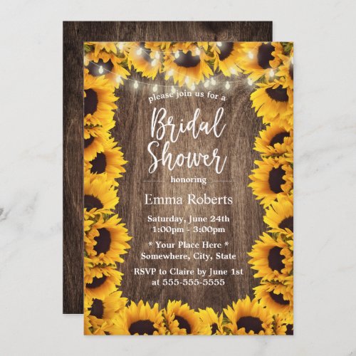 Rustic Sunflower Frame String Lights Bridal Shower Invitation