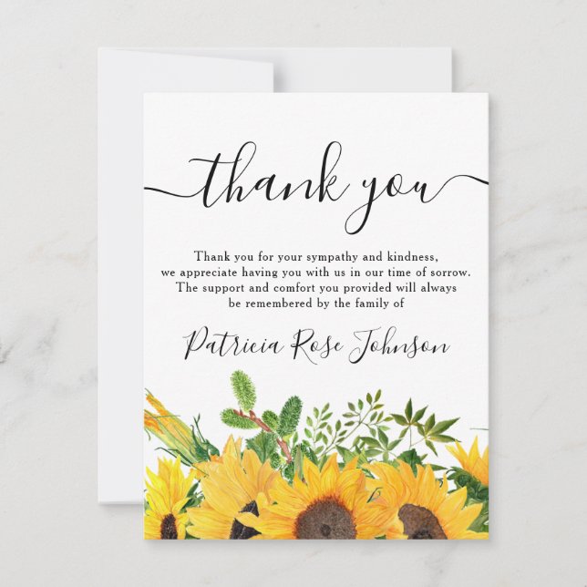 Rustic Sunflower Funeral Memorial Thank You Card (Front)