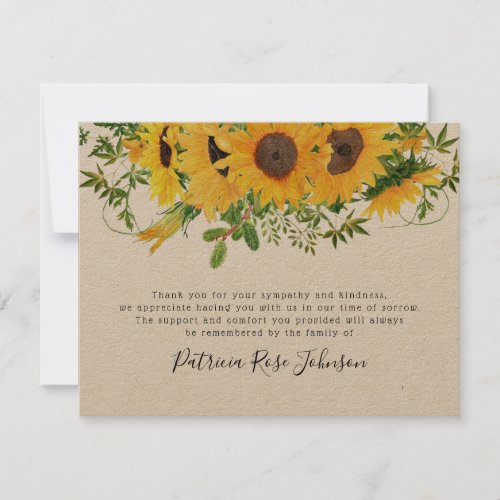 Rustic Sunflower Funeral Memorial Thank You Note