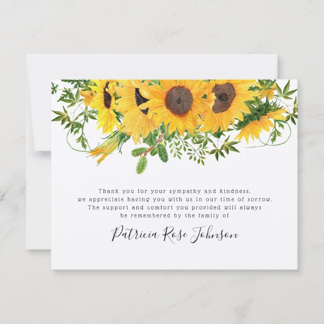 Rustic Sunflower Funeral Memorial Thank You Note Card (Front)