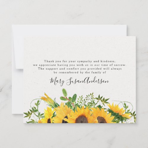 Rustic Sunflower Funeral Thank You Note