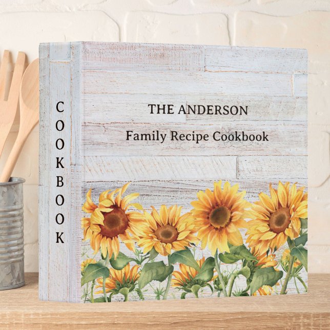 Rustic Sunflower Garden Family Recipe Cookbook 3 Ring Binder (In situ)