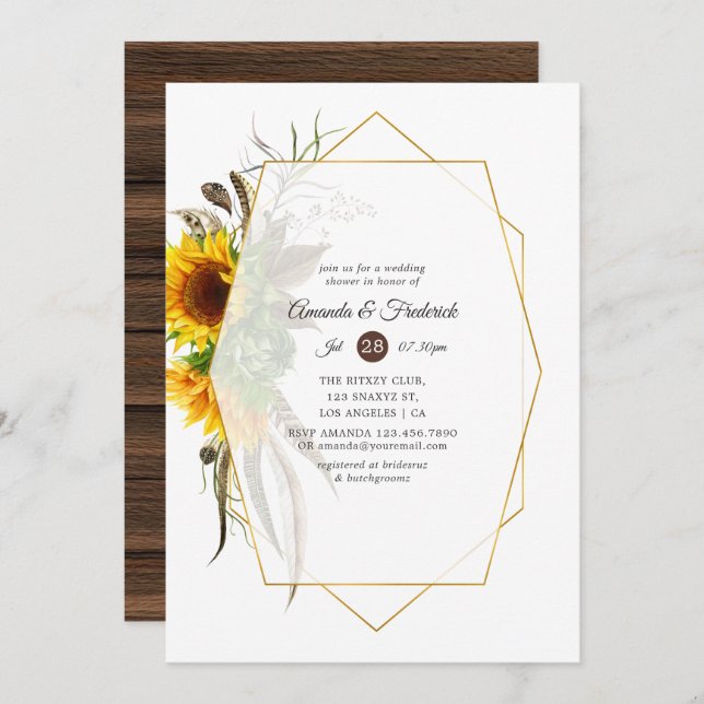 Rustic Sunflower Geometric Wedding Shower Invitation (Front/Back)