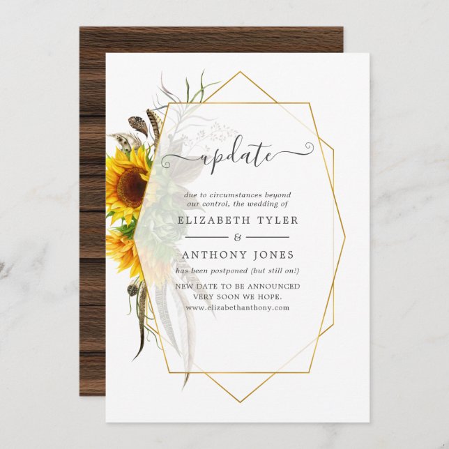 Rustic Sunflower Geometric Wedding Update Invitation (Front/Back)