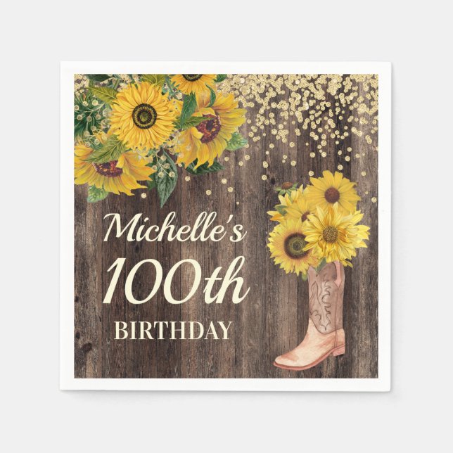 Rustic Sunflower Glitter Boots Wood 100th Birthday Napkins (Front)