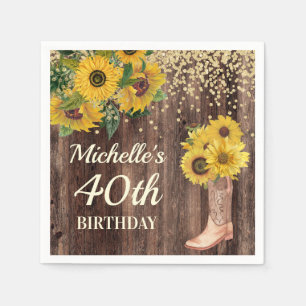 Rustic Sunflower Glitter Boots Wood 40th Birthday Napkins