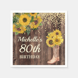 Rustic Sunflower Glitter Boots Wood 80th Birthday Napkins
