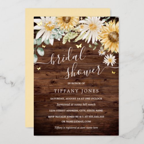 Rustic Sunflower Gold Butterfly Bridal Shower  Foil Invitation