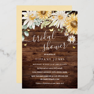 Rustic Sunflower Gold Butterfly Bridal Shower Foil Invitation