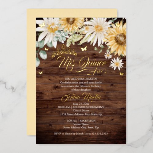 Rustic Sunflower Gold Butterfly Quinceanera Foil Invitation