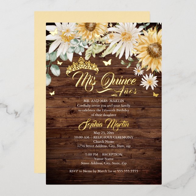 Rustic Sunflower Gold Butterfly Quinceanera Foil Invitation (Front/Back)