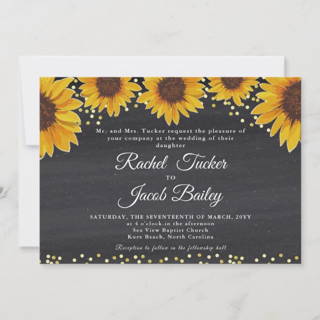 Rustic Sunflower Gold & Chalk Wedding Invitation (Front)