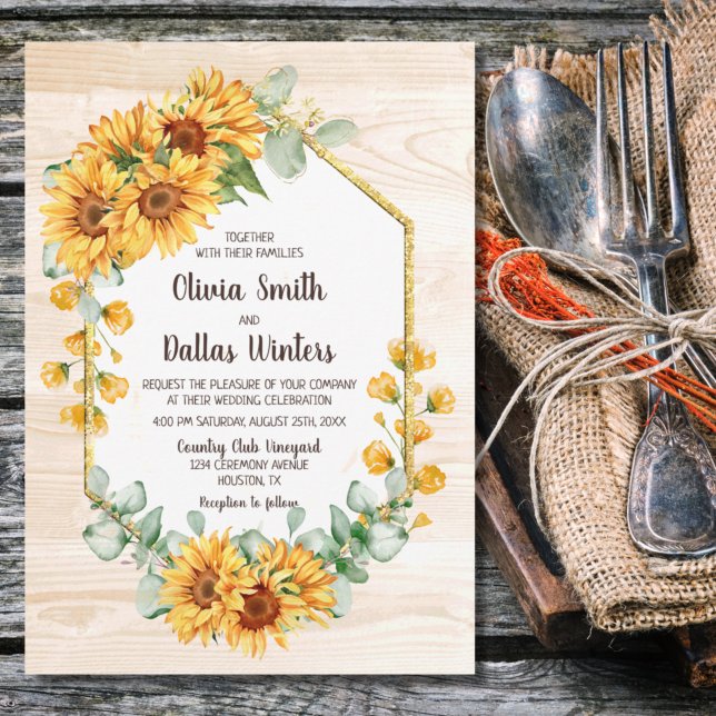Rustic Sunflower Gold Geometric Barnwood Wedding Invitation (Creator Uploaded)