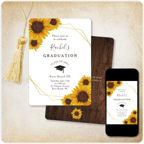 Rustic Sunflower Gold Geometric Graduation Party Invitation