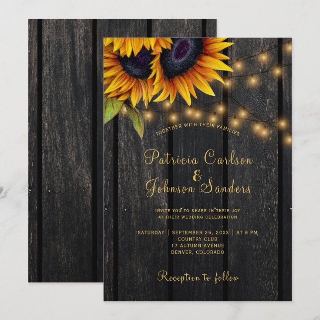 Rustic sunflower gold lights barn wood wedding invitation (Front/Back)
