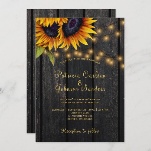 Rustic sunflower gold lights barn wood wedding invitation