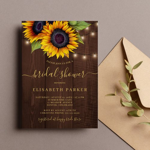 Rustic sunflower gold script wood bridal shower invitation