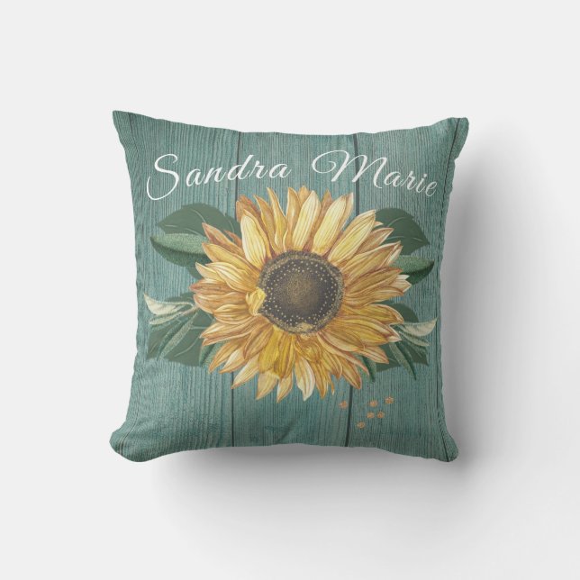 Rustic Sunflower Golden Yellow Green Wood | name   Outdoor Pillow (Front)