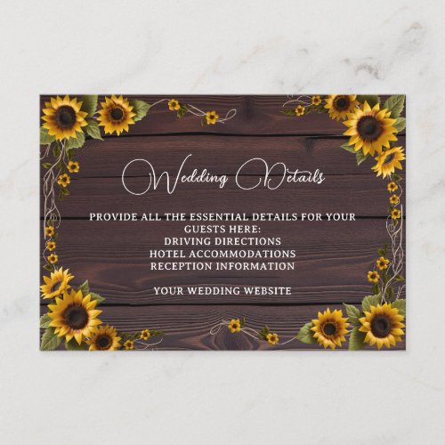 Rustic Sunflower Graceful Wood Script Wedding Enclosure Card