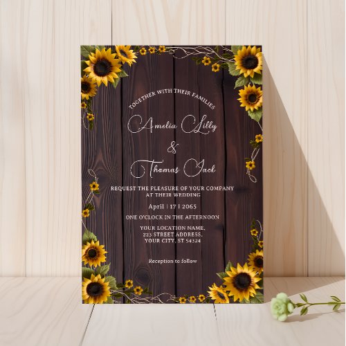 Rustic Sunflower Graceful Wood Script Wedding Invitation