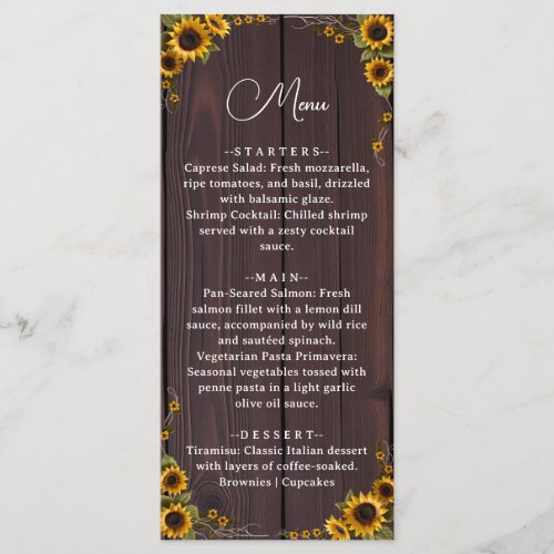 Rustic Sunflower Graceful Wood Script Wedding Menu