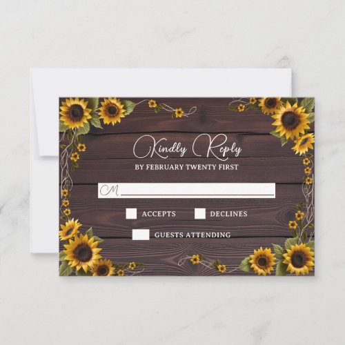 Rustic Sunflower Graceful Wood Script Wedding RSVP Card