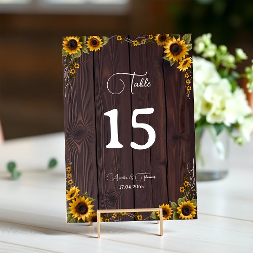 Rustic Sunflower Graceful Wood Script Wedding Table Number