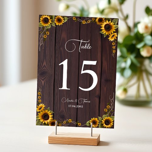 Rustic Sunflower Graceful Wood Script Wedding  Table Number