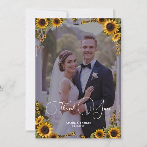 Rustic Sunflower Graceful Wood Script Wedding Thank You Card