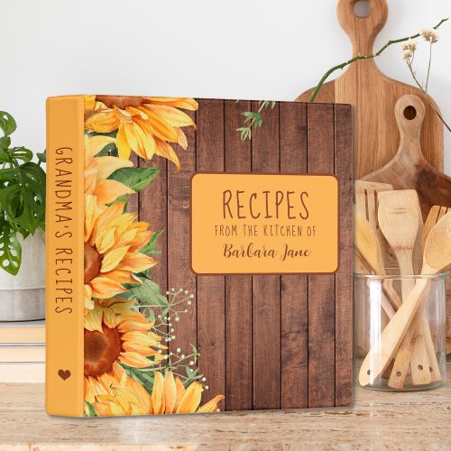 Rustic sunflower grandmas kitchen cookbook recipes 3 ring binder