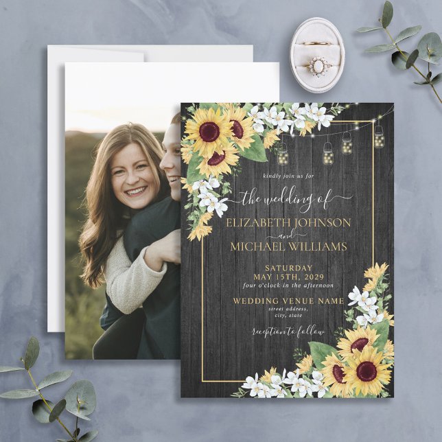 Rustic Sunflower & Gray Floral Wood Photo Wedding Invitation (Creator Uploaded)