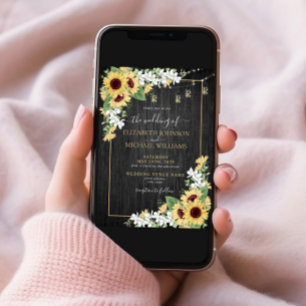 Rustic Sunflower & Gray Floral Wood Photo Wedding Invitation