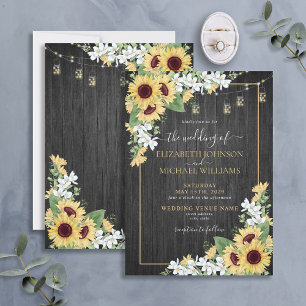 Rustic Sunflower & Gray Wood Floral Wedding Invitation