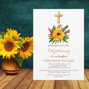 Rustic Sunflower Greenery Gold Cross Baptism Invitation