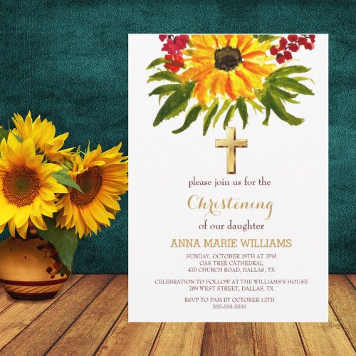 Rustic Sunflower Greenery Gold Cross Baptism  Invitation