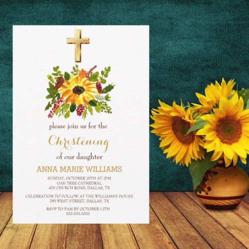 Rustic Sunflower Greenery Gold Cross Baptism  Invitation