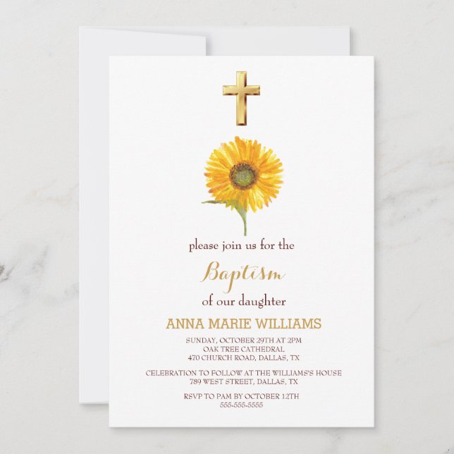 Rustic Sunflower Greenery Gold Cross Baptism  Invitation (Front)