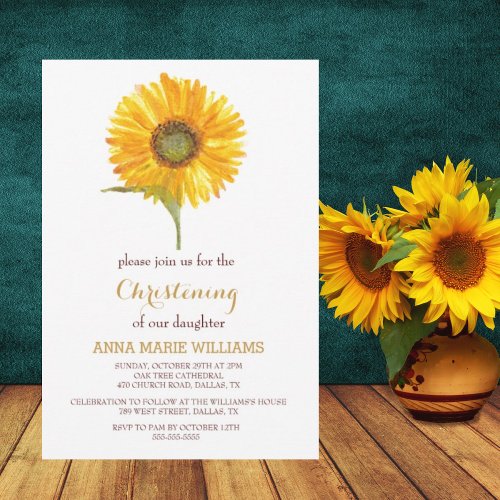 Rustic Sunflower Greenery Gold Cross Christening  Invitation