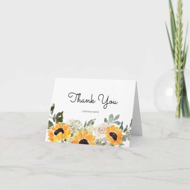 Rustic Sunflower Greenery Wedding Thank You Card (Front)
