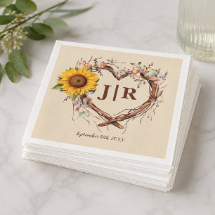 Rustic Sunflower Heart Monogram Wedding Napkins