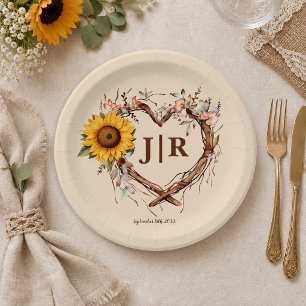 Rustic Sunflower Heart Monogram Wedding Paper Plates