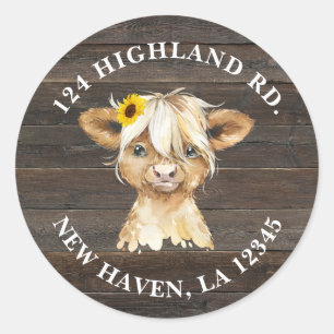 Rustic Sunflower Highland Cow Baby Shower Address Classic Round Sticker
