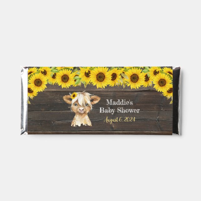 Rustic Sunflower Highland Cow Baby Shower Hershey Bar Favors (Front)