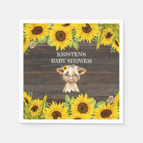 Rustic Sunflower Highland Cow Baby Shower Napkins
